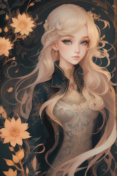 （（Gorgeous 18-year-old princess）），（She has long flowing blonde hair），（Bright and beautiful eyes），trendding on artstation，Flowers of hope，ultra-detailliert，insanely details, Amazing, complex, elite, Art Nouveau, a gorgeous, Dreamy，Liquid wax, elegant, Luxur...