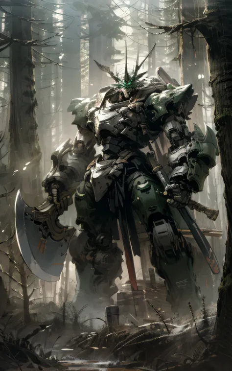 A giant robot wearing green heavy armor, In the forest, Holding a massive axe, intricate details