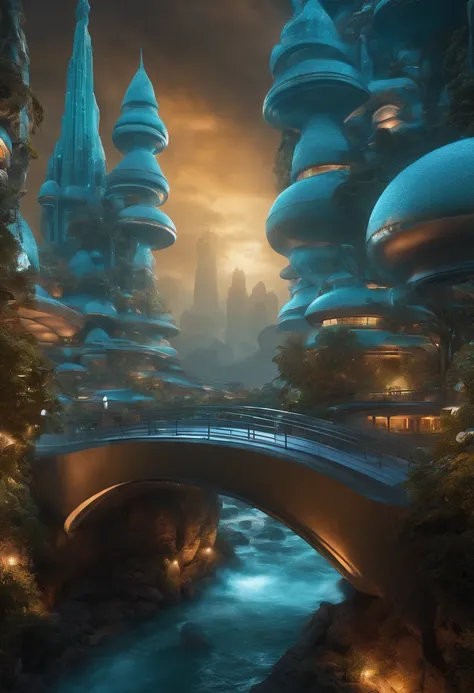 futuristic foam city, futuristic foam buildings, futuristic foam bridge, kundalini, hyper realistic, fantasy