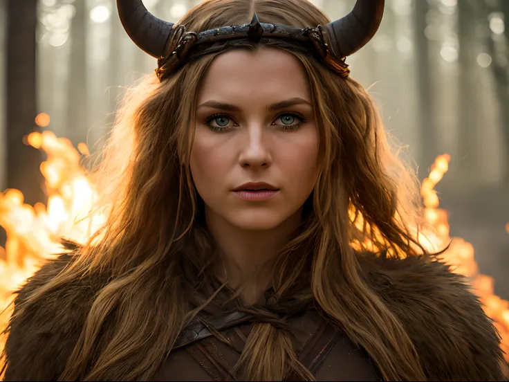 closeup award winning photo of Viking woman posing in a burning dark forest, look at a camera, (cinematic:1.5), epic realistic, hyperdetailed, insane details, intricate details, accent lighting, soft volumetric light, bokeh, (dramatic light:1.2), (neutral ...