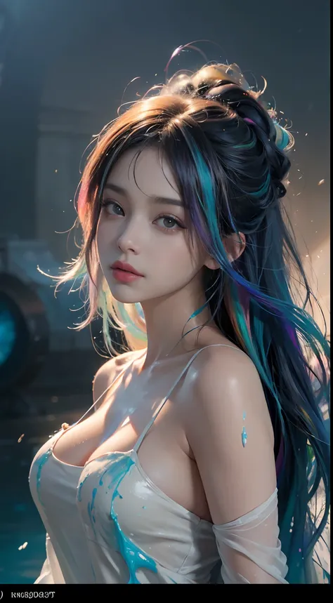 (level difference: 1.8),(Paint colliding and splashing on canvas),(Depth of field),adorable creature,elegant, strong between boho and modern. With many colors and no defined (liquid paint rainbow hair:1.1) Made of paint，anti gravity, Thick flow, (Splashes ...