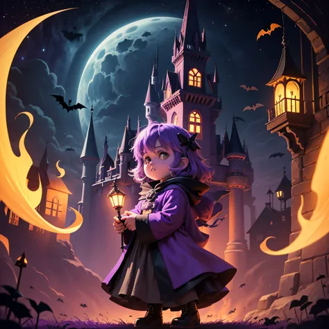 Poster cartoon purple night castle leave blank in the middle Halloween little wizard kid pumpkin candy magic