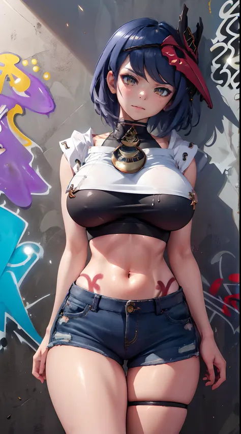 Kujou Sara Genshin Effect, masterpiece, bestquality, 1girls, gigantic breasts, bara, crop top, shorts jeans, choker, (Graffiti:1.5), Splash with purple lightning pattern., arm behind back, against wall, View viewers from the front., Thigh strap, Head tilt,...