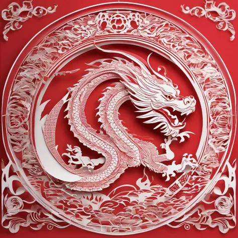 Flat paper cut style，contours，((chinesedragon))，Dragon，red colour，Clean cut，Paper，sharp-edged，Maximalism，Color blocking，((round form))