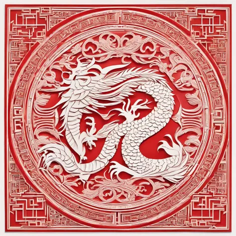 Flat paper cut style，contours，((chinesedragon))，Dragon，red colour，Clean cut，Paper，sharp-edged，Maximalism，Color blocking，((round form))