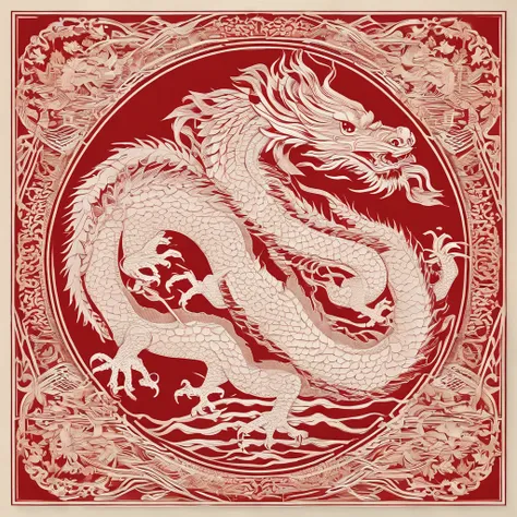 Flat paper cut style，contours，((chinesedragon))，Dragon，red colour，Clean cut，Paper，sharp-edged，Maximalism，Color blocking，((round form))