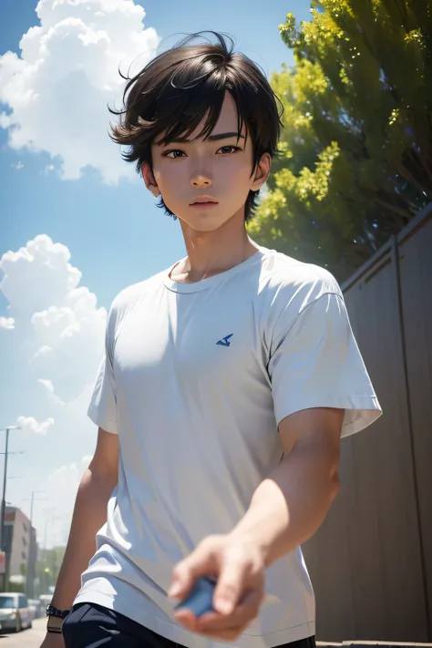 (best quality, highres, realistic:1.37), anime, 1 boy, white short-sleeved shirt, holding a paper airplane, running under a blue sky, looking through a viewer