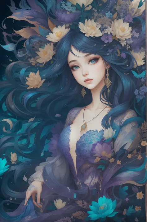 （（Gorgeous 18-year-old princess）），（She has long flowing blue-purple hair），（Bright and beautiful eyes），trendding on artstation，Flowers of hope，ultra-detailliert，insanely details, Amazing, complex, elite, Art Nouveau, a gorgeous, Dreamy，Liquid wax, elegant, ...