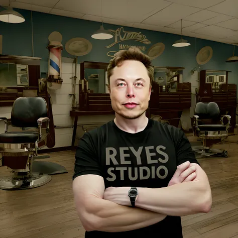 Generates a digital image of Elon Musk in a confident pose, with his arms crossed, wearing a black t-shirt with the inscription “REYES STUDIO” on the chest. The background of the scene must represent an authentic barbershop, with characteristic elements su...