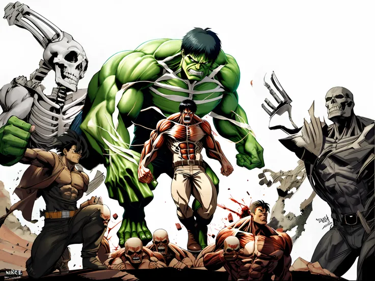 hulk and the human skeleton, son goku as the incredible hulk, hulking, inspired by Mike Deodato, hulk, hulk like physique, by Mike Deodato, mike deodato jr, baki the grappler, hulk body type, hulkish, incredible hulk, epic comic book style, musclebound and...