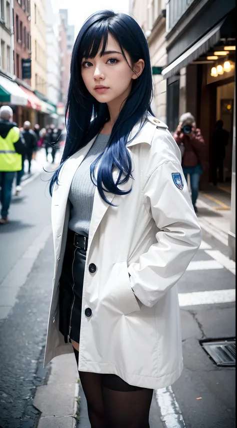 (Best quality,4K,8K,A high resolution,Masterpiece:1.2),Ultra-detailed,(Realistic,Photorealistic,photo-realistic:1.37),Long-range shooting,Blue-haired woman,Hair falls on the left shoulder,Wears a white trench coat lined in red, blackminiskirt,Patterned sto...