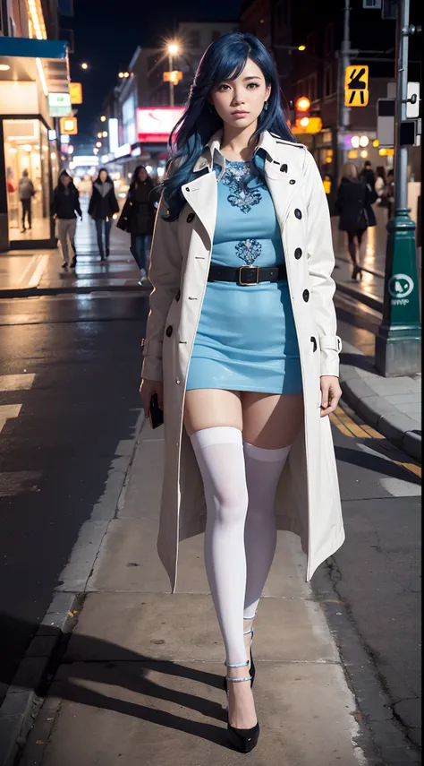 (Best quality,4K,8K,A high resolution,Masterpiece:1.2),Ultra-detailed,(Realistic,Photorealistic,photo-realistic:1.37),Long-range shooting,Blue-haired woman,Hair falls on the left shoulder,Wears a white trench coat lined in red, blackminiskirt,Patterned sto...