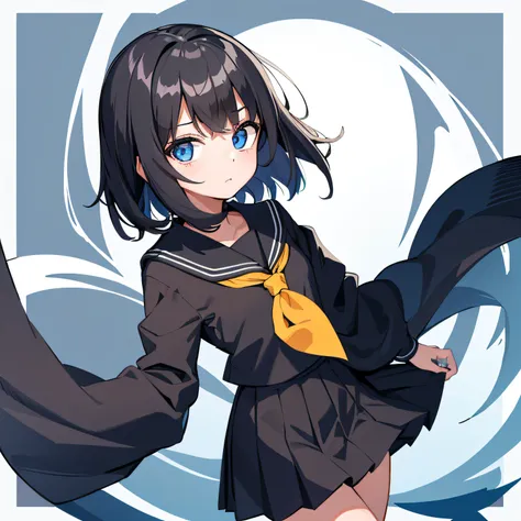 top-quality, ​masterpiece, portrait of cute girl, ((独奏)), 1girl in, (Black medium hair), Black hair, Blue eyes, cute little, white backgrounid, ((Happiness)), Chibi,hi-school girl、high-school uniform、,a sailor suit