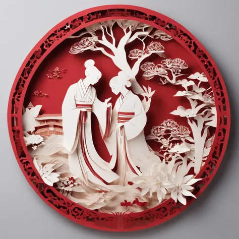 Flat paper cut style，((Ancient Chinese women))，sportrait，red colour，Paper，Color blocking，((round form))