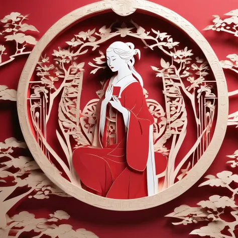 Flat paper cut style，((Ancient Chinese women))，sportrait，red colour，Paper，Color blocking，((round form))