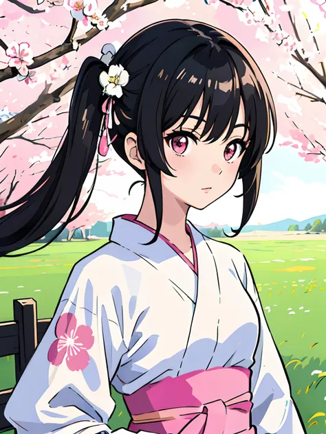 ((masterpiece, best quality)), (1girl, an anime girl in the spring field), (solo), (female focus), (black hair, twintail),pink eyes, ((white yukata)), elegant, portraits, close up, upper body