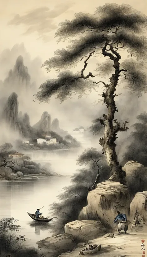 Chinese landscape painting，ink and watercolor painting，water ink，ink，Smudge，Faraway view，Ultra-wide viewing angle，Meticulous，Light boat in the distance，Faraway view，Meticulous，Smudge，low-saturation，Low contrast，The light boat has crossed the Ten Thousand H...