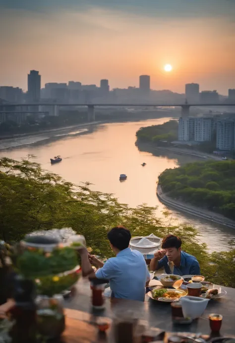 A person eating ramen noodles in the Han River with his friends during the day light is a figure