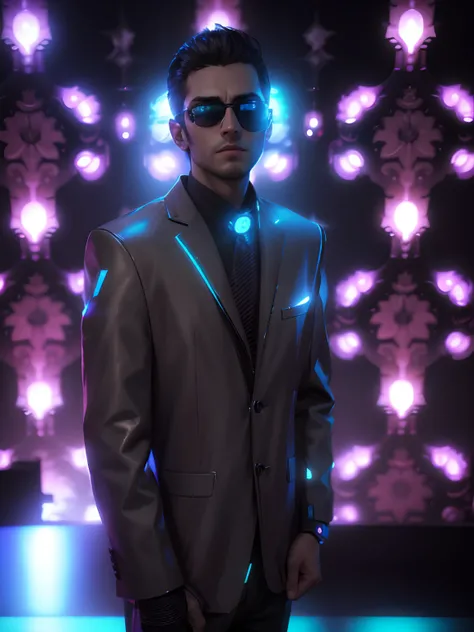 Handsome boy , cyberpunk,realistic , wearing sunglasses volumetric lights night time 4k ultra