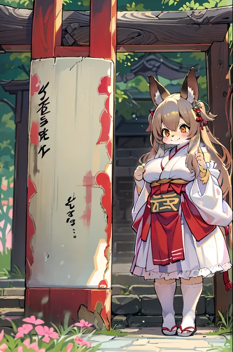 Fox Woman、body covered with fur、huge-breasted、kawaii、shrine maiden、Japan white clothes,Red Hakama、torii gate,summer day、((High Position))、A big smile、bbw、thick thight、big butts、Ultramammy,Chibi,Nanachi