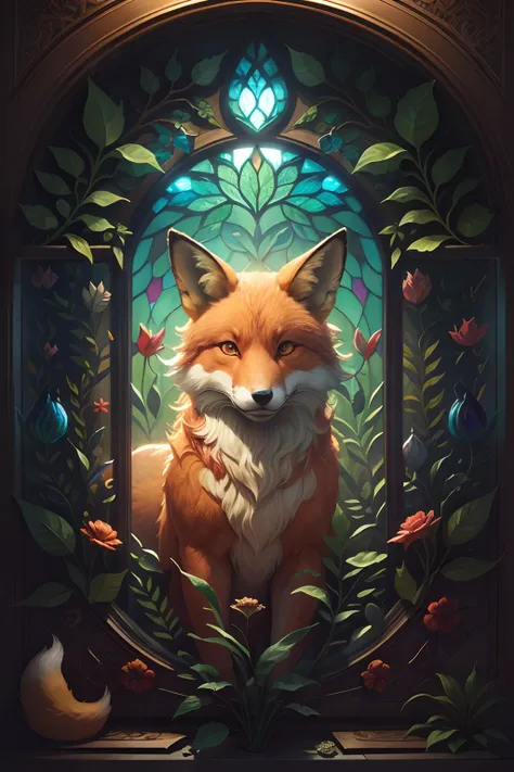 A vitral window, art noveau style, prismatic art style, paper art, with colorful nature motives and a big fox in the middle, rounded upside, photorealistic