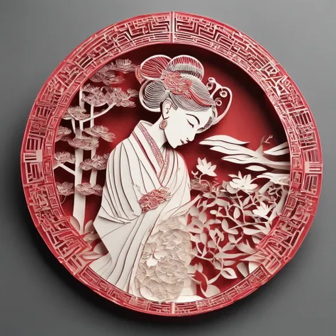 Flat paper cut style，((Ancient Chinese women))，sportrait，red colour，Paper，Color blocking，((round form))