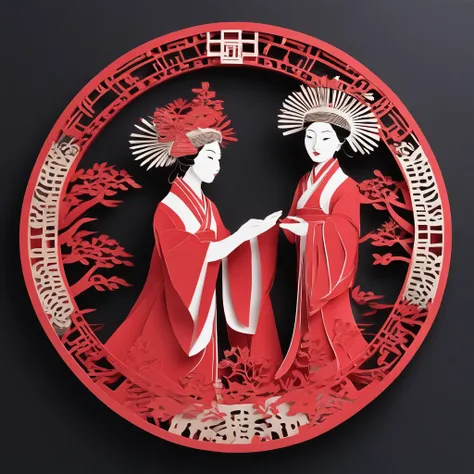 Flat paper cut style，((Ancient Chinese women))，sportrait，red colour，Paper，Color blocking，((round form))