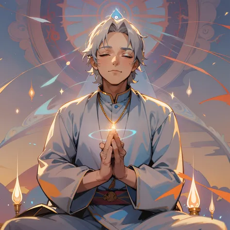 1 adult, ((Adult)), Eyes closed, Grey Hair, Indian Dresses, Praying, ((Light Energy Aura)), ((man)), ((Adult)), 50 years old, Anime ,A young man、Blue background、Blue Dragon Behind、Mystical、blue backdrop、nigh sky