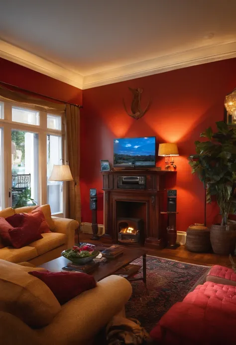 Living room with TV, computer and sofa