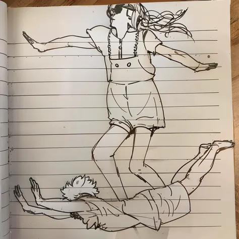 Draw a woman falling off her knees，And a man lies on the ground, floating in mid-air, she is floating in the air, inspired by Paula Rego, Delicate corpse, found doodled in a sketchbook, on a notebook page, dramatic floating pose, inspired by Dorothea Tanni...