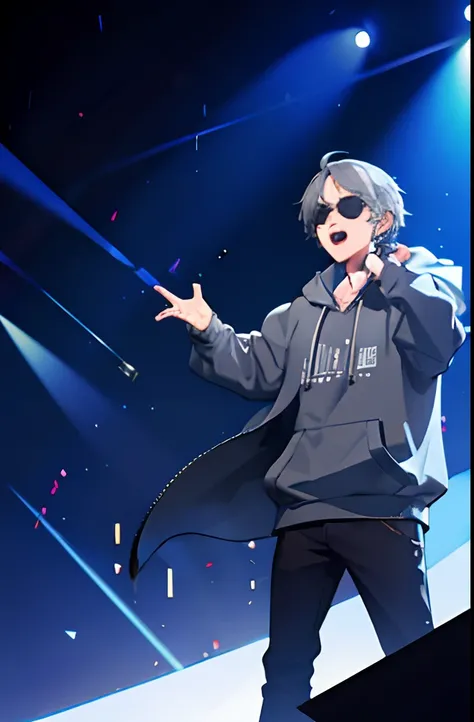 a boy with grey hair singing on stage with light show, wearing a hoodie and sunglasses while having a head mic