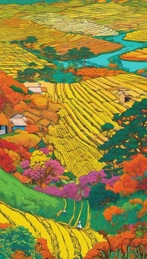 Golden rice paddies、autumnal、Illustration style