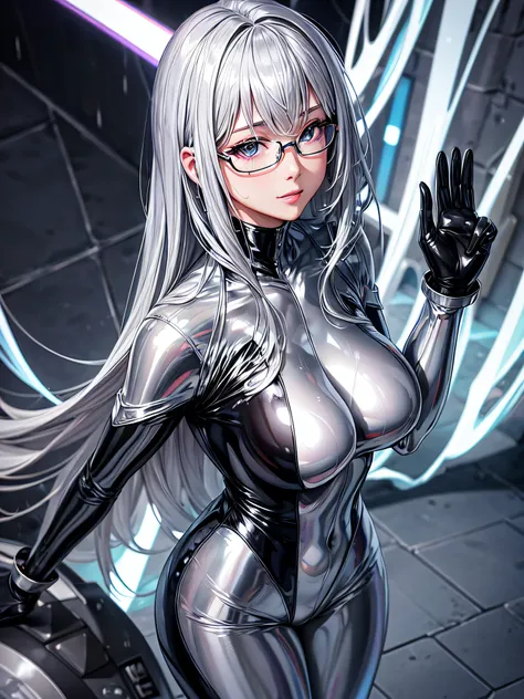 5 8K UHD、Silver shiny silver full body rider suit with glasses silver hair and nosed beauty wet in rain、Shiny silver latex slider suit with hidden skin