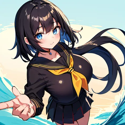 top-quality, ​masterpiece, portrait of cute girl, ((独奏)), 1girl in, (Black medium hair), Black hair, Blue eyes, cute little, white backgrounid, ((Happiness)), Chibi,hi-school girl、high-school uniform、夏天,a sailor suit、huge tit