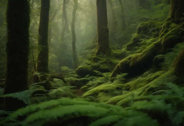 hidden magical academy nestled within a enchanted forest. The lush vegetation thrives, adorned with vibrant moss, ferns, and other mystical plants. The air is damp, filled with the scent of earth and the gentle touch of sunlight filtering through the dense...