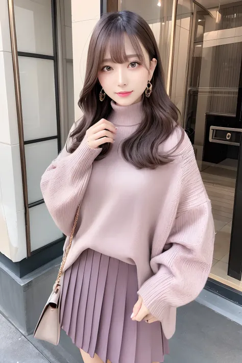 Sweet business style portrait for autumn and winter。The model has long dark ash hair with straight bangs。She is a mauve sweater、Brown pleated skirt、Wearing beige boots。Accessories include rose gold earrings and light purple rings。