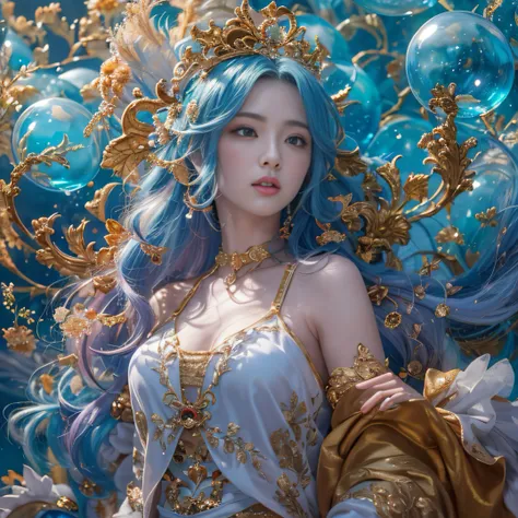 cyan colors，blue colors，enamel，agates，A flesh-colored world，Blood Blue Maiden 32K（tmasterpiece，k hd，Aoyama Pond，hyper HD，32K）Long flowing bright blue hair，blood pond，zydink， a color，Grumpy （Post-halo）， （Linen scarf）， Combat posture， looking at the ground， ...