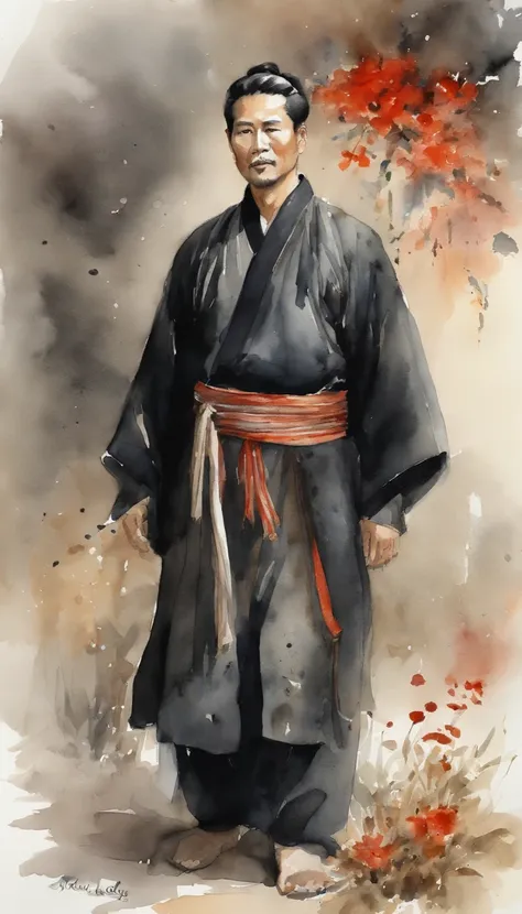 a man wears black Hanfu, ink and watercolor painting