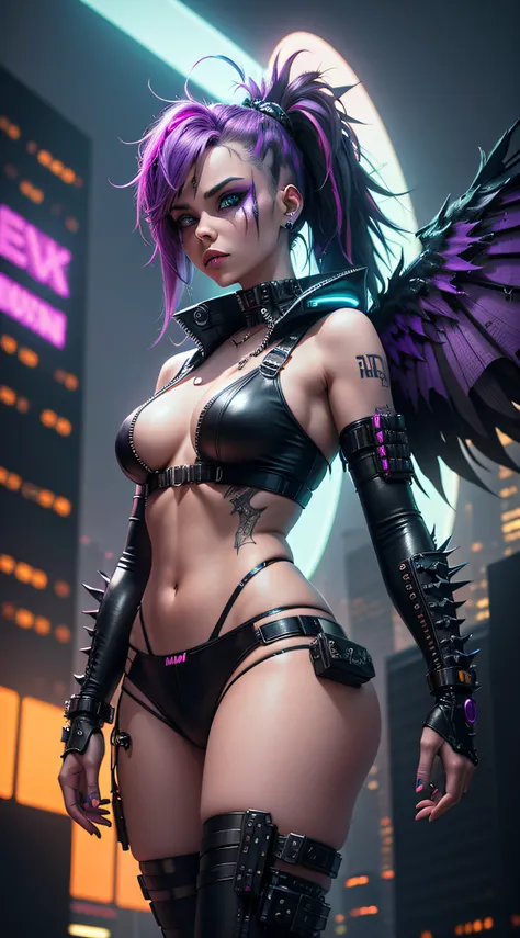 An imaginative young woman, donning Halloween punk wings with a cyberpunk twist, explores a futuristic, neon-lit cityscape on Halloween night, surrounded by holographic advertisements and towering skyscrapers, igniting the sense of a cyberpunk Halloween ad...