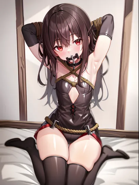 1girll，full bodyesbian，Arms behind your head， Long_Hair， Looking_at_peeping at the viewer， upper legs， the bow， shackle， abused， shackle， ropes， shackle，Open-mouthed，  Bound_Arms， Ball_gag， shibari_polypubic hair_clothes，brown  hair， short detailed hair， R...