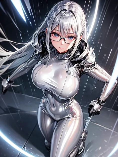 5 8K UHD、Silver shiny silver full body rider suit with glasses silver hair and nosed beauty soaking wet in the rain、Shiny silver latex slider suit with hidden skin