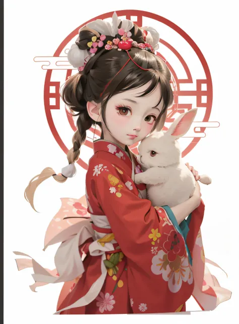 Anime girl in kimono dress，Rabbit and Chinese symbols in hand, Guviz, Guviz-style artwork, Guweiz in Pixiv ArtStation, trending on cgstation, Guweiz on ArtStation Pixiv, Palace ， A girl in Hanfu, guweiz masterpiece, author：Qu Leilei, by Yang J