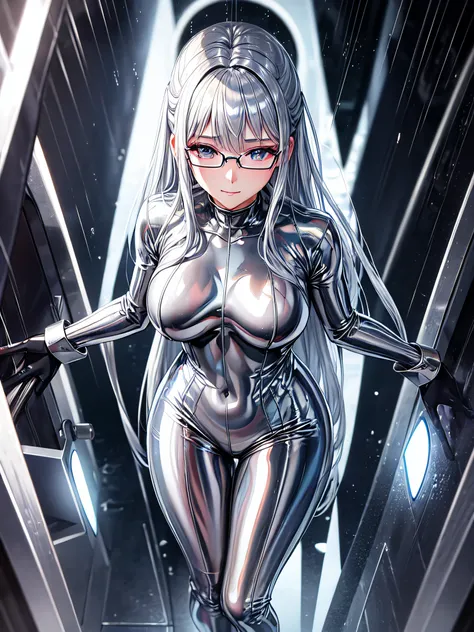 5 8K UHD、Silver shiny silver full body rider suit with glasses silver hair and nosed beauty soaking wet in the rain、Shiny silver latex slider suit with hidden skin