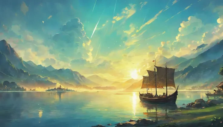 Draw boats in lakes with mountains and sun,Huge sails，dreamlike digital painting, fantasy digital painting, fantasy. gondola boat, Chinese style painting, digital cartoon painting art, glossy digital painting, Chinese painting style, Digital fantasy painti...