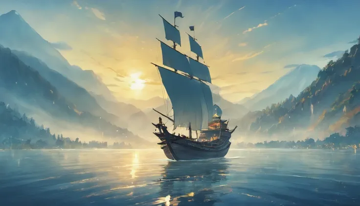 Draw boats in lakes with mountains and sun,Huge sails，dreamlike digital painting, fantasy digital painting, fantasy. gondola boat, Chinese style painting, digital cartoon painting art, glossy digital painting, Chinese painting style, Digital fantasy painti...