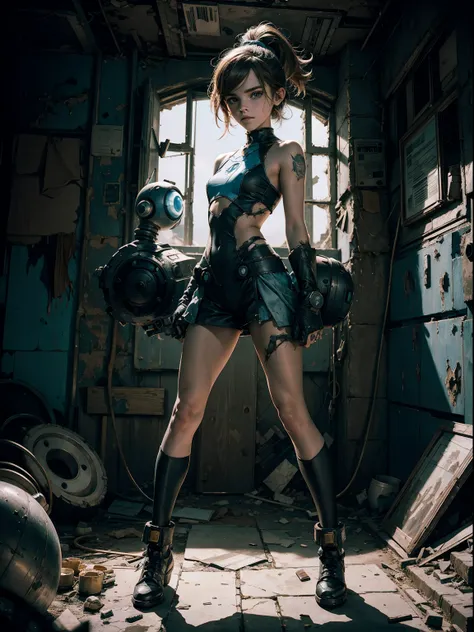 a teen emma watson dressed as megaman standing as a captivating figure amidst the desolation. her physical appearance tells a story of tragic transformation and decay, evoking both fascination and a sense of unease. the teenage robot girls once-youthful co...