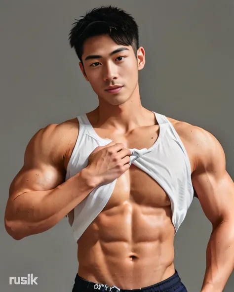 Close-up of a man in a shirt but not a shirt, korean muscle boy 2 1 years old, South Korean male, Lean but muscular, prefect body, Asian male, Lean and muscular, slender and muscular build, exaggerated muscle physique, with abs, attractive face and body, M...