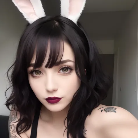 Best quality, masterpiece, super high resolution, (realism: 1.4), tattoos, black curly hair, short hair, pale skin, bedhead, goth, happy, wispy bangs, bunny ears