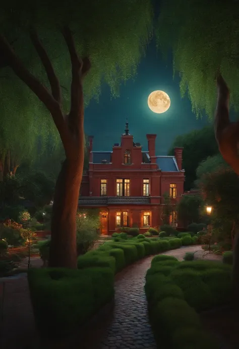 A bright moon rises over the red-brick and green-tiled house，There are willow trees, there are jade rabbits