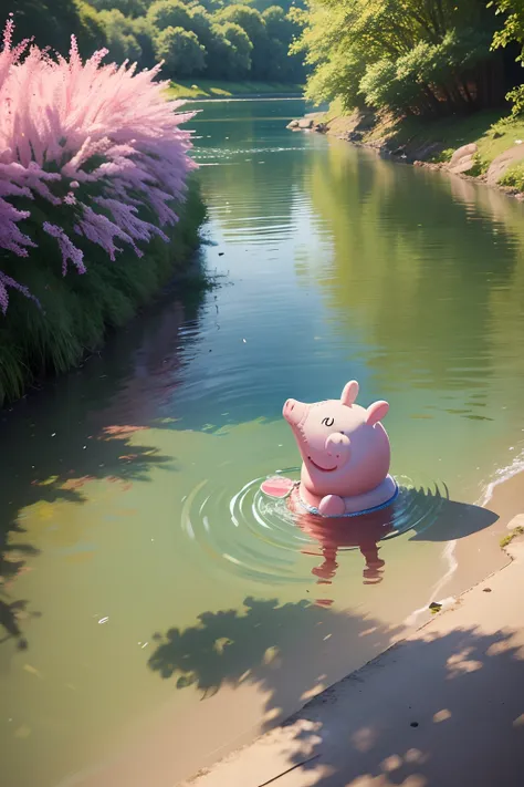 /imagine prompt: color photo of "Peppa Pig swimming by the riverside in spring"